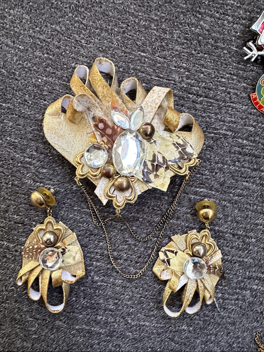 Vintage handcrafted molded fabric Gold Crystal Brooch and Earrings Set 90s